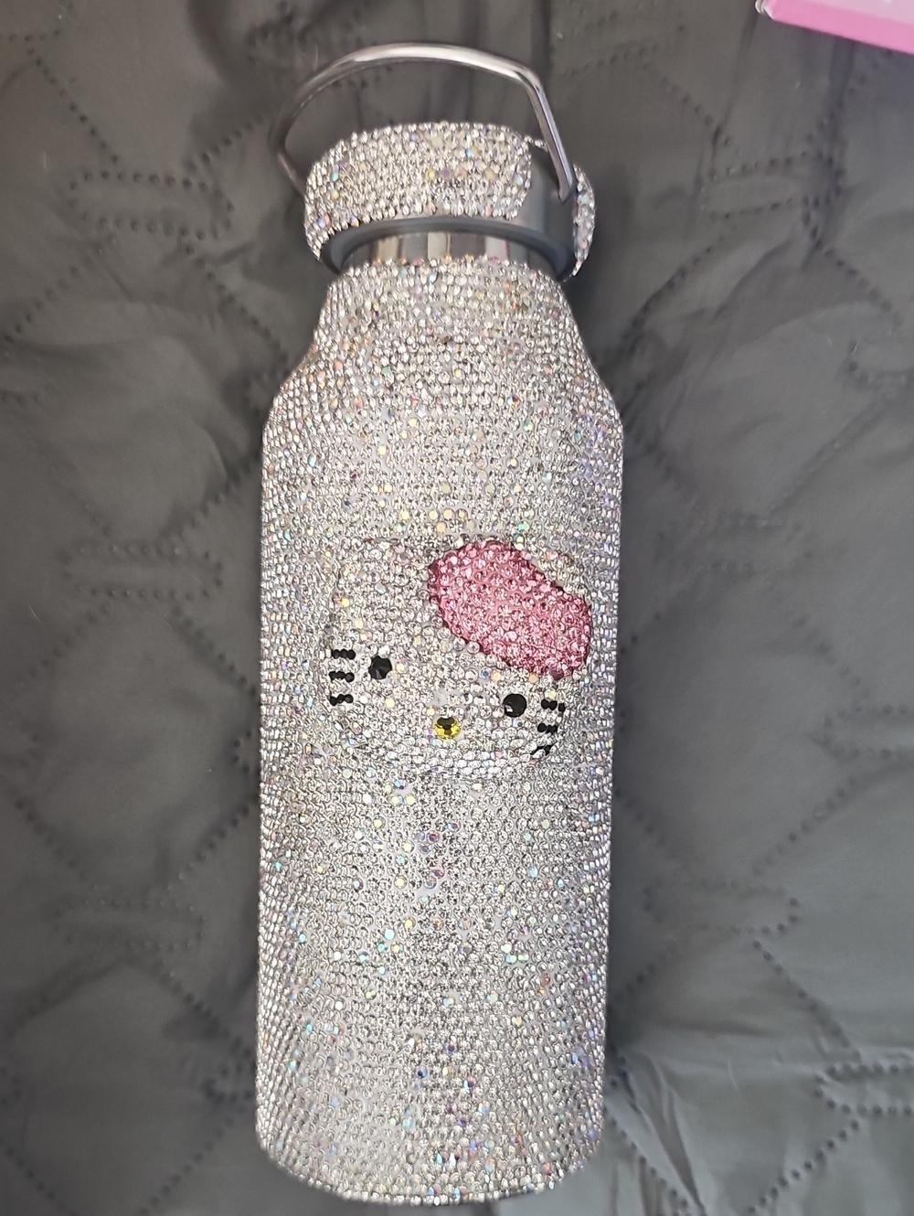 Bling Cat Crystal Water Bottle - Silver with Pink Accent